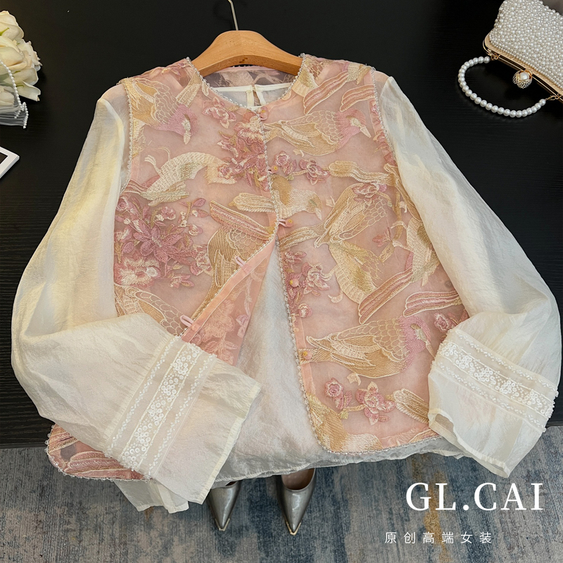 New Chinese-Style Summer Lightweight Heavy Embroidery Floral and Bird Mesh Vest Paired with White Lace Trim Shirt Set for Women