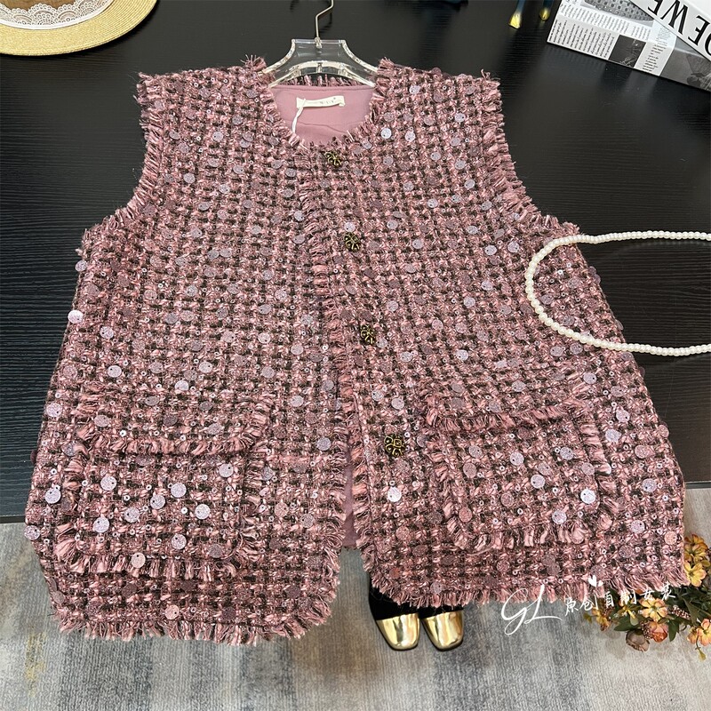 Light Luxury Chanel-Style Women's Vest 2025 Spring and Autumn New Vintage Style Heavy Sequined Tweed Vest Jacket Light Luxury Chanel-Style Women's Vest 2025 Spring and Autumn New Vintage Style Heavy Sequined Tweed Vest Jacket