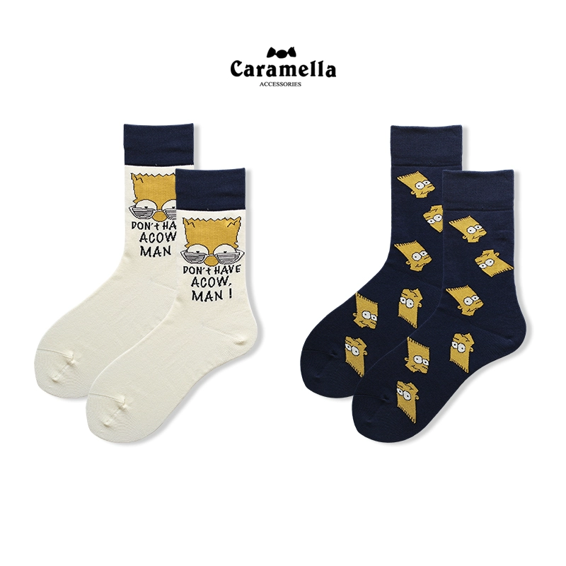 CARAMELLA Tính cách Simpson Cặp đôi Vớ bông tinh khiết Vớ nam và nữ Phim hoạt hình Ins Tide Socks Tất cả các mùa - Vớ sợi tre