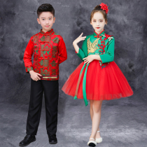 Childrens New Years Day Red Heed to Dress Up Girl China Wind Poetry Recite Grand Chorus Princess Dresses Dress