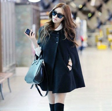 Woolen Coat 2025 Cape Mid-Length Shawl Coat Plus Size Spring and Autumn Loose Women's Korean Style Black