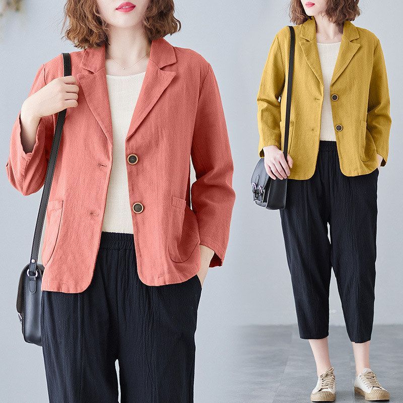 New Style Linen Short Blazer Jacket for Women, Autumn 2024, Thin Cotton-Linen Seven-Quarter Sleeve Cardigan