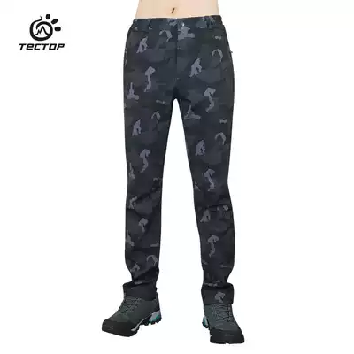 TECTOP exploration outdoor autumn and winter couples for men and women printed warm and windproof plus velvet soft shell trousers