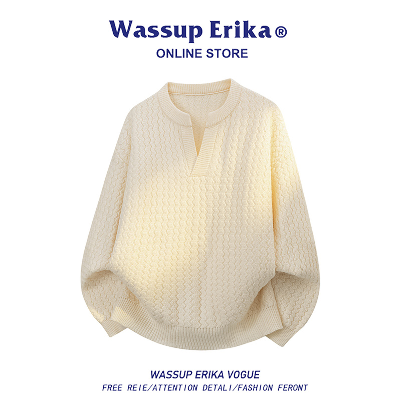Wassup Erika Apricot V-Neck Solid Color Casual Sweater Men's Autumn Youth Trendy Brand Knitwear Top Wassup Erika Apricot V-Neck Solid Color Casual Sweater Men's Autumn Youth Trendy Brand Knitwear Top
