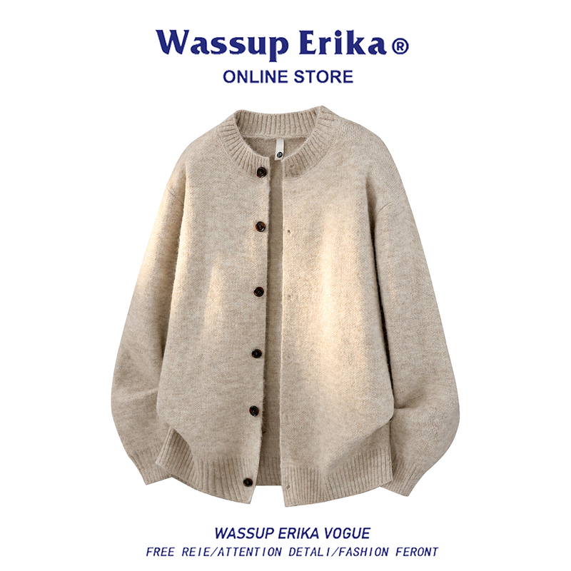 Wassup Erika Retro Vintage Cardigan Sweater for Men, Autumn 2026 New Loose and Casual Style Jacket