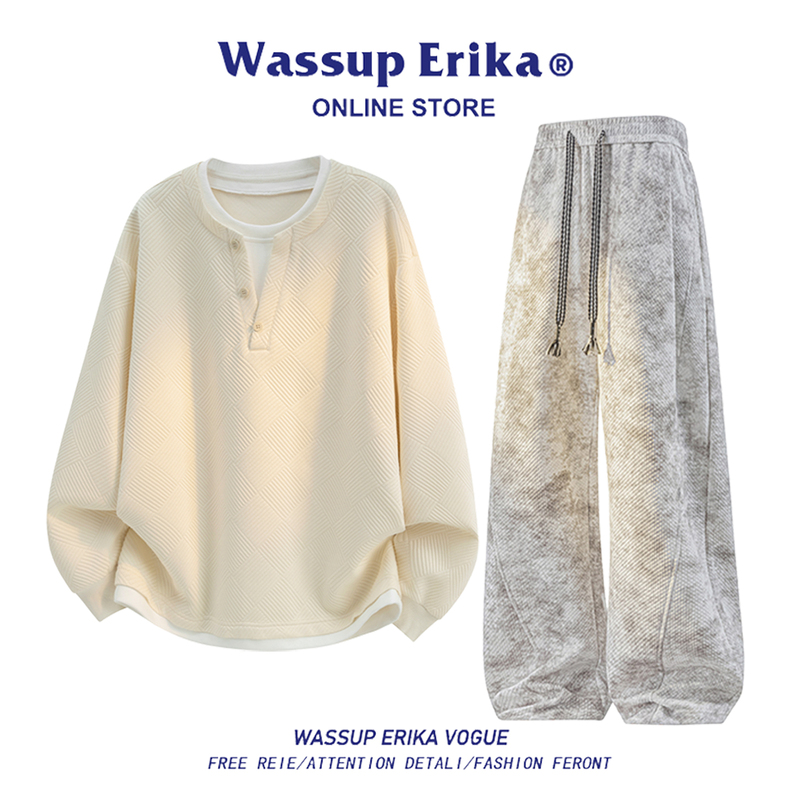 Wassup Erika Casual Style Fake Two-Piece Long-Sleeve Sweatshirt Set for Men, Autumn 2026, Two-Piece Set for Teenagers Wassup Erika Casual Style Fake Two-Piece Long-Sleeve Sweatshirt Set for Men, Autumn 2026, Two-Piece Set for Teenagers