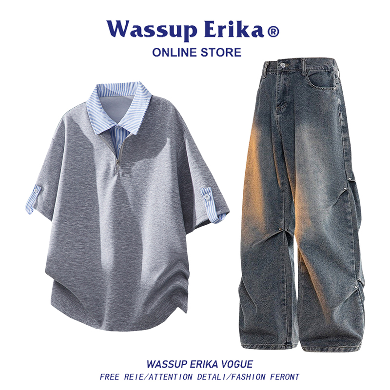 Wassup Erika Fake Two-Piece Short-Sleeved Polo Shirt and Jeans Set for Men, a Very Stylish Summer Outfit