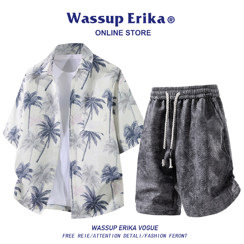 Wassup Erika Hawaiian Style Coconut Tree Print Shirt Suit Men's Summer Casual Vacation Casual Two-Piece Set Wassup Erika Hawaiian Style Coconut Tree Print Shirt Suit Men's Summer Casual Vacation Casual Two-Piece Set