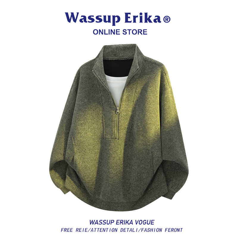 Wassup Erika Stand-Up Collar Solid Color Fake Two-Piece Sweater Men's Half-Zip Knitwear Loose and Versatile Top Wassup Erika Stand-Up Collar Solid Color Fake Two-Piece Sweater Men's Half-Zip Knitwear Loose and Versatile Top