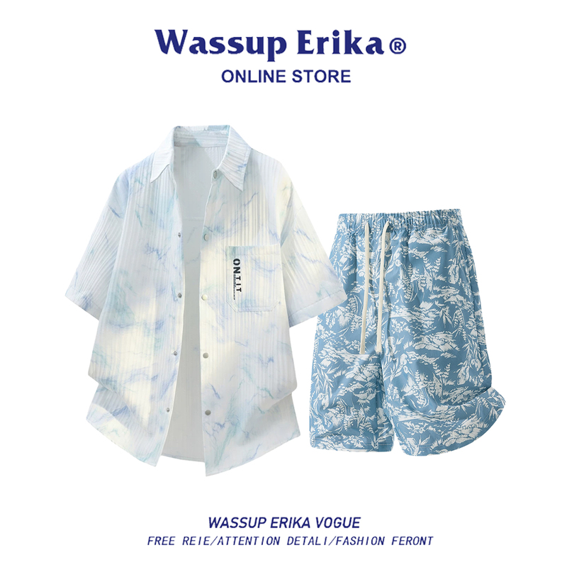 Wassup Erika Casual Tie-Dye Printed Shirt Set Men's Summer New Trendy Brand High Street Shorts Two-Piece Set Wassup Erika Casual Tie-Dye Printed Shirt Set Men's Summer New Trendy Brand High Street Shorts Two-Piece Set