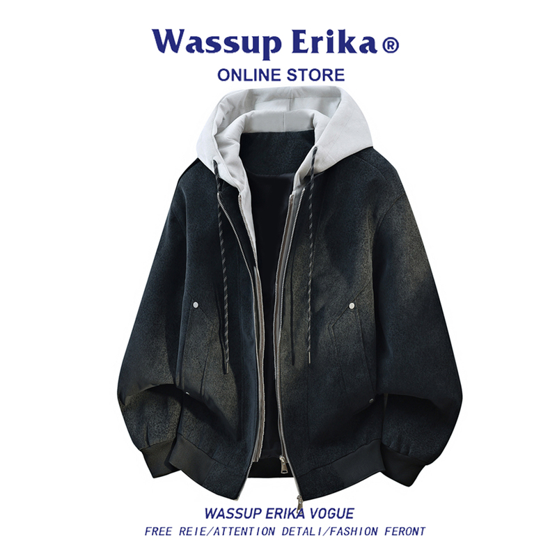 Wassup Erika American-Style Pu Leather Hooded Faux Two-Piece Jacket for Men, 2026 Autumn, Cool Leather Jacket, Trendy Wassup Erika American-Style Pu Leather Hooded Faux Two-Piece Jacket for Men, 2026 Autumn, Cool Leather Jacket, Trendy