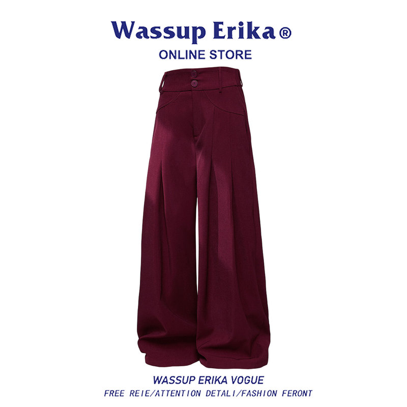 Wassup Erika Red Casual Trousers for Men, Spring Trendy Brand Pleated Wide-Leg Pants, Retro High-End Fashion Pants