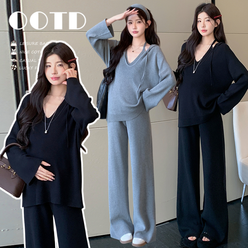 Maternity Wear Autumn and Winter Style, Casual and Stylish Knitted Top and Pants Two-Piece Set, High-End Pregnancy Outfit Set for Spring and Autumn