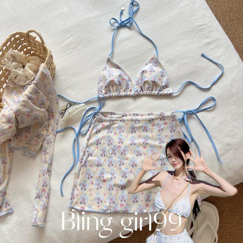 [Fairy Tale Town] Bikini Cute Bear Two-Piece Skirt Style Four-Piece Set Printed Hot Spring Swimsuit Pure Desire Style Sweet