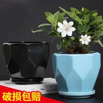 Flower pot Nordic minimalist ceramic with tray creative ins modern white breathable living room table with chloropicam Green