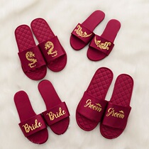 Wedding couple red pair festive silk satin Chinese Wind Dragon Phoenix bride groom fabric slippers summer