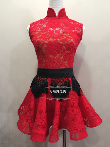 Female children's Latin dance competition clothing perspective clothing one-piece embossed lace plus belt competition performance clothing