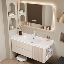 French cream style oak paint smart rounded corner side cabinet oak bathroom cabinet ceramic integrated basin washbasin