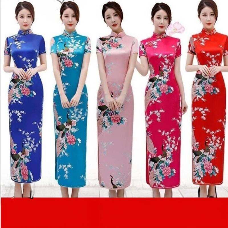旗袍长款大码时尚短袖旗袍裙走秀表演日常连衣裙优雅精致复古