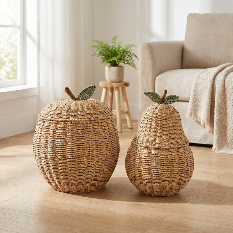 Apple and Pear Shaped Storage Basket with Lid for Bathroom, Clothes, Miscellaneous Items, Living Room, Snacks, Toys, Rattan Woven Dirty Clothes Basket