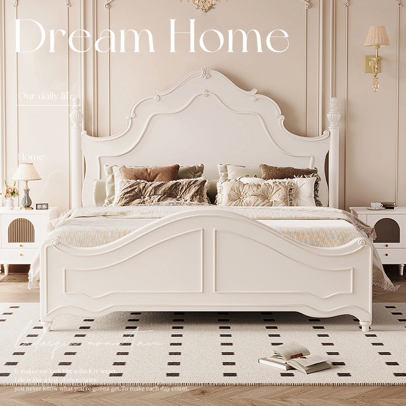 Beech Solid Wood Bed American French Retro European White Cream Style Princess Bedroom 1.8m Double Anna Bed