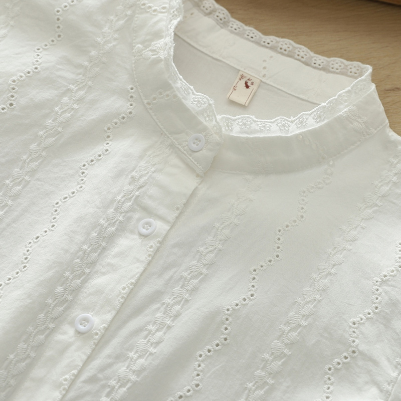 Spring and Summer Korean Style Lace Trim Hollow Stand Collar White Shirt for Women, Long-Sleeved, Petite, Loose, Pure Cotton French-Style Shirt