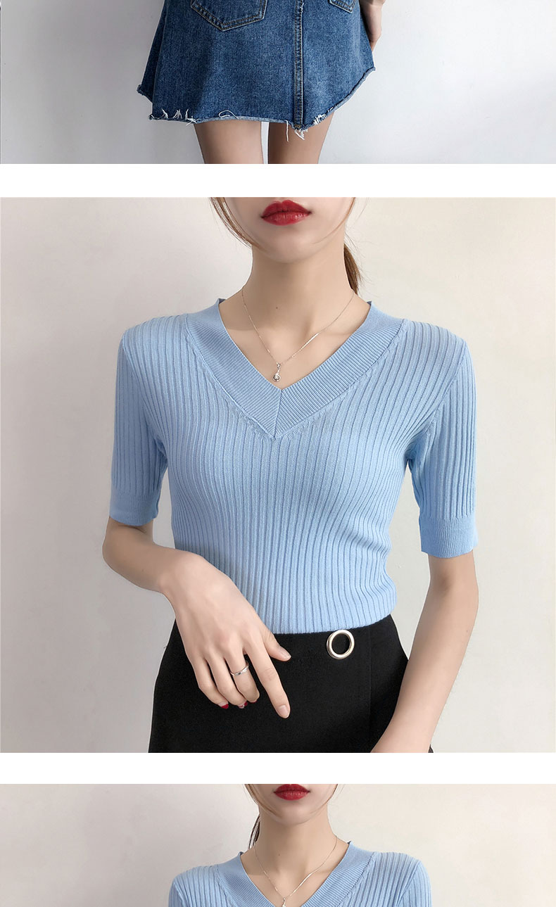 Mùa hè mới V-cổ Slim áo len ngắn tay áo thun ngắn đoạn chạm đáy áo sơ mi bó sát nửa áo thun nữ mỏng ao khoac len dep