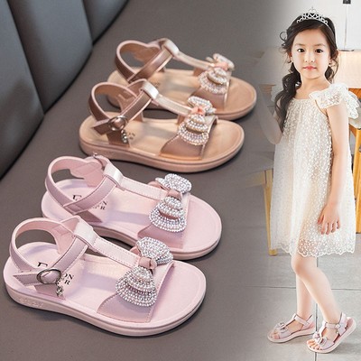 女童凉鞋2021夏季新款女孩软底沙滩鞋子儿童时尚蝴蝶结水钻公主鞋