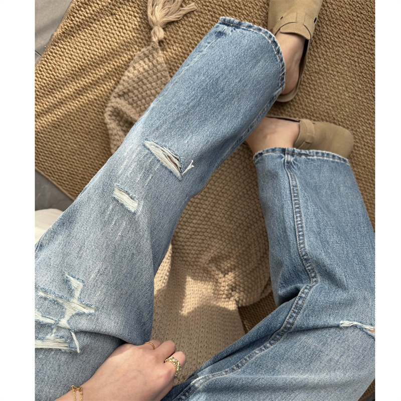 Qian Zhangzhang Relaxed Fit Ripped Jeans~ Vintage Washed Distressed Pure Cotton Loose Straight-Leg Jeans for Women