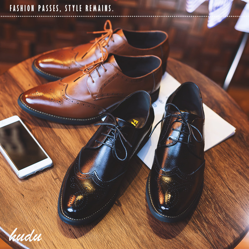 Men's Leather Shoes, Business Formal Wear, Genuine Leather, Black, Korean Style, British Casual, Round Toe, Height-Increasing, Brogue, for Teenagers