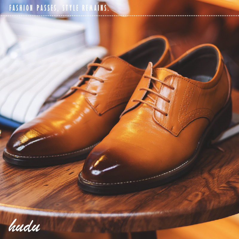 Men's Leather Shoes, Business Formal Wear, Genuine Leather, Black, Korean Style, British Casual, Round Toe, Height-Increasing, Brogue, for Teenagers