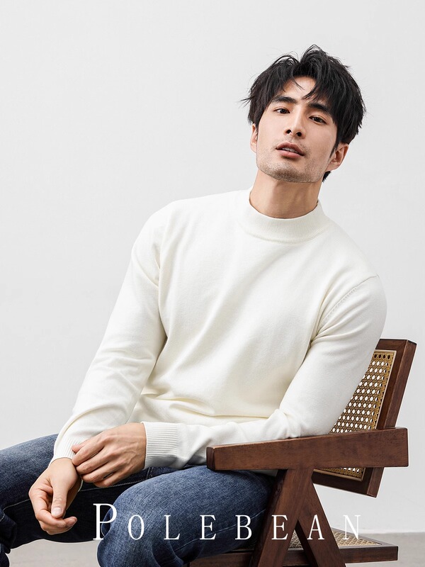 Autumn and Winter Half-Turtleneck Sweater for Men, Loose Fit, Fleece-Lined, Thickened, White Mid-Neck Wool Knit Base Layer for Men