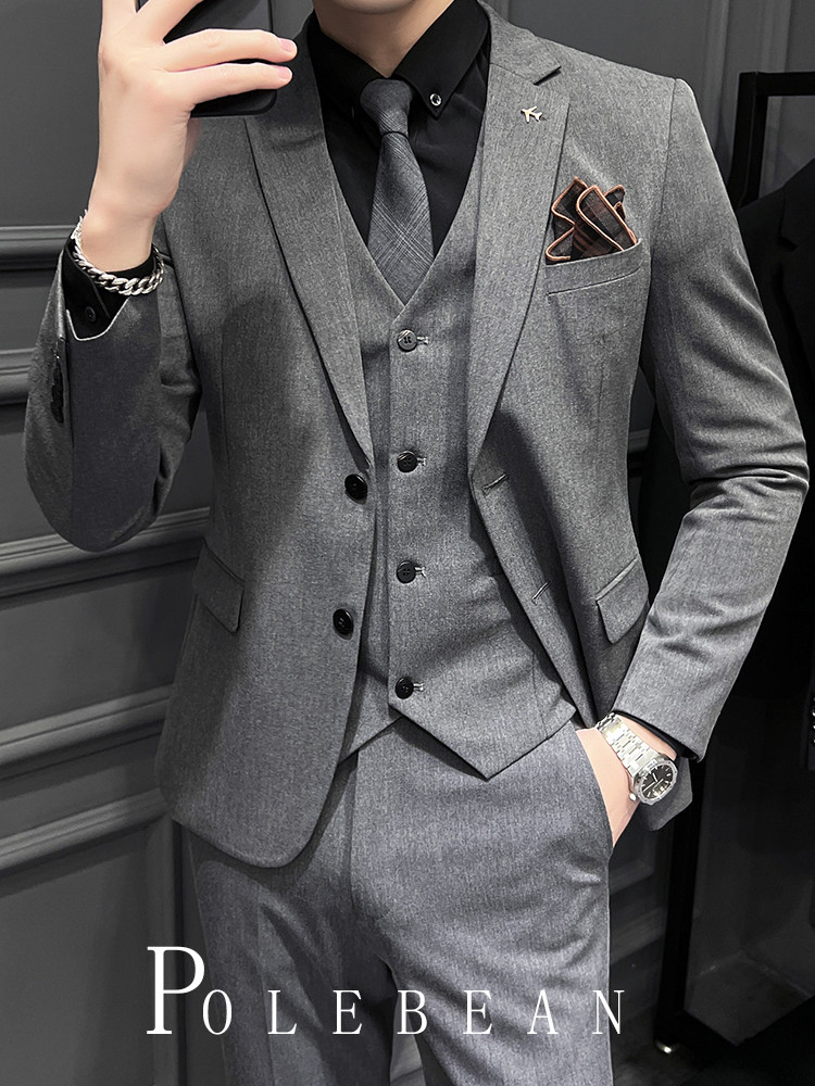 Groom's Wedding Suit, Men's Business Korean Style Slim Fit Professional Formal Suit, Men's Casual Jacket Three-Piece Set