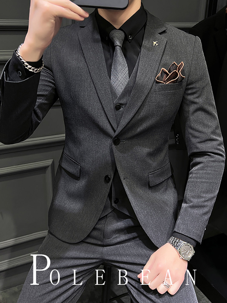 Groom's Wedding Suit, Men's Business Korean Style Slim Fit Professional Formal Suit, Men's Casual Jacket Three-Piece Set