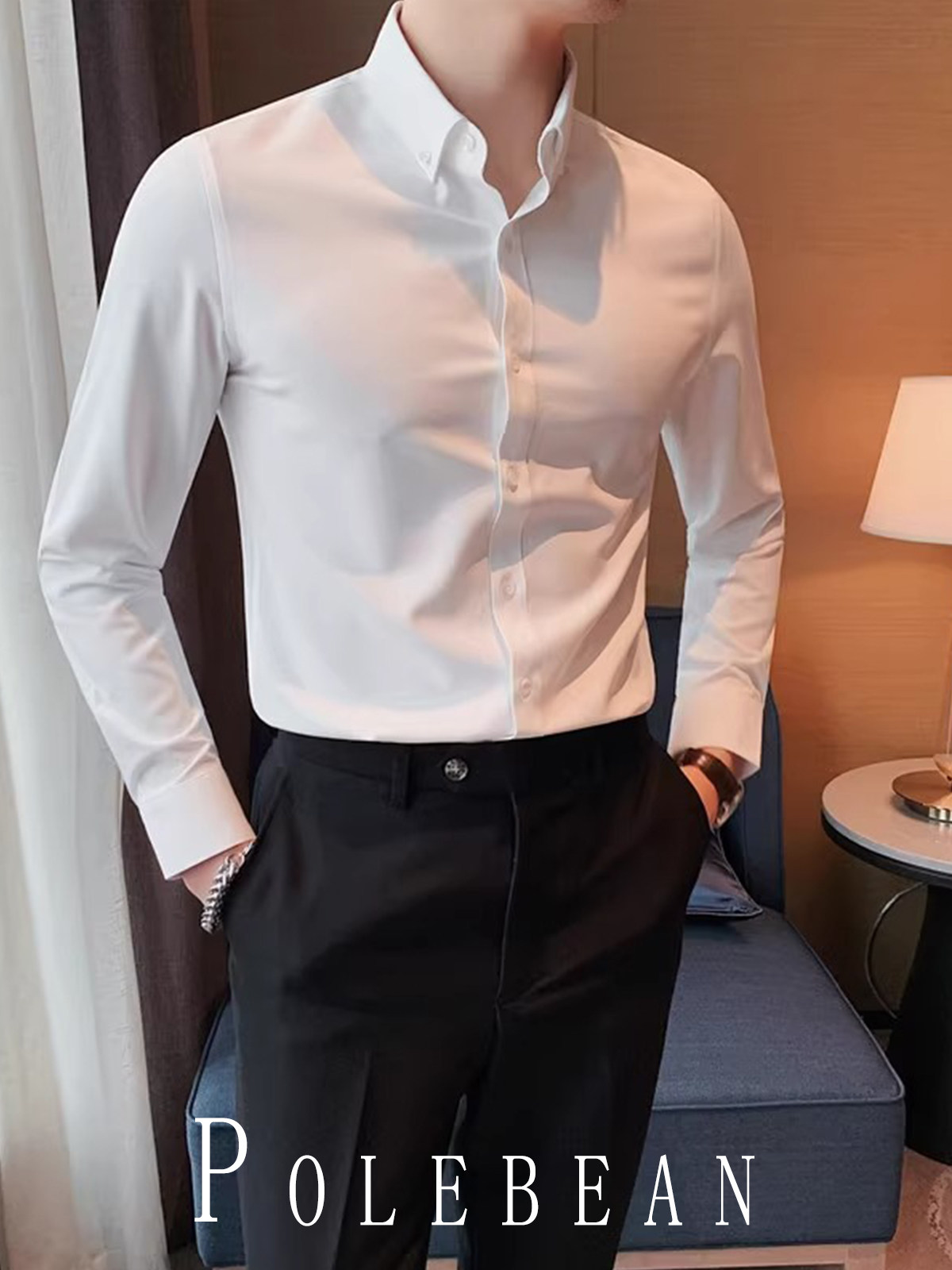 New High-End Professional Solid Color Commuter Long-Sleeved Shirt for Men, Versatile Business Casual Inner Wear, Stretchy Men's Shirt