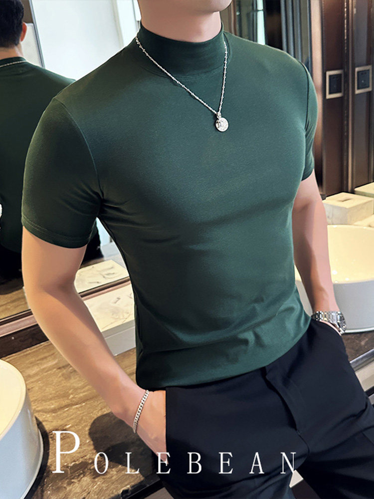 Korean Style Summer Solid Color Half-High Collar Base Shirt for Men, Slim Fit, Orange-Red Mid-High Collar Summer and Autumn Short-Sleeve T-Shirt