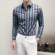 Shirt mens long sleeve Korean slim thin Ruffian striped shirt summer hair stylist black long sleeve shirt tide tide