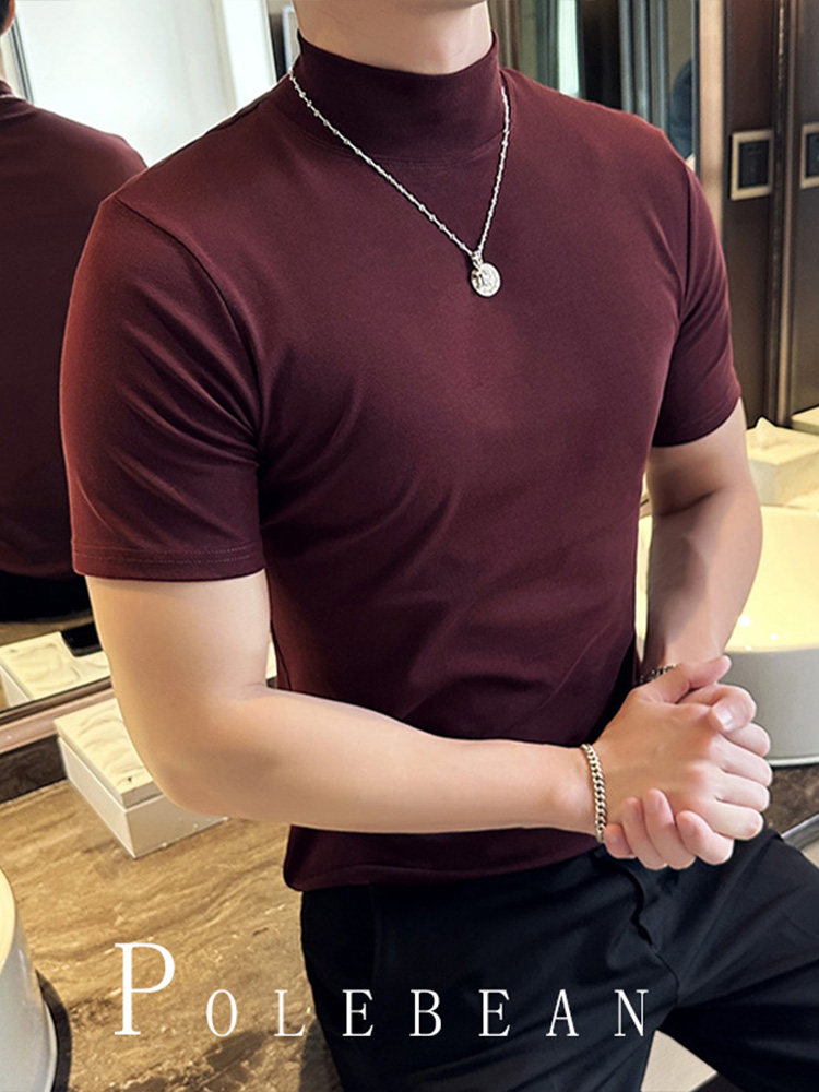 Korean Style Summer Solid Color Half-High Collar Base Shirt for Men, Slim Fit, Orange-Red Mid-High Collar Summer and Autumn Short-Sleeve T-Shirt