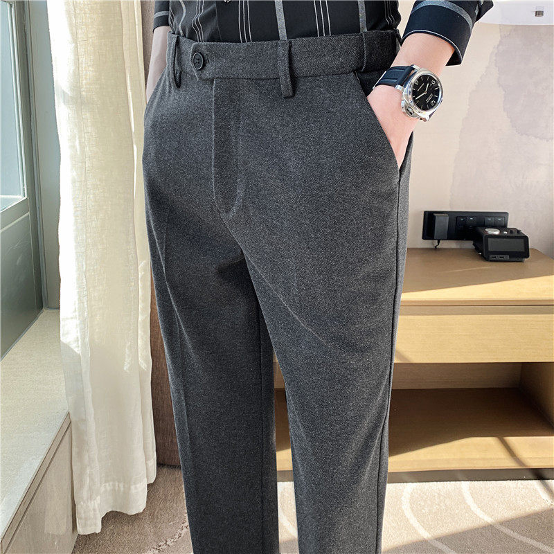 Autumn and Winter Thickened Warm Wool Men's Slim-Fit Casual Trousers Korean Style Brushed Versatile Suit Pants
