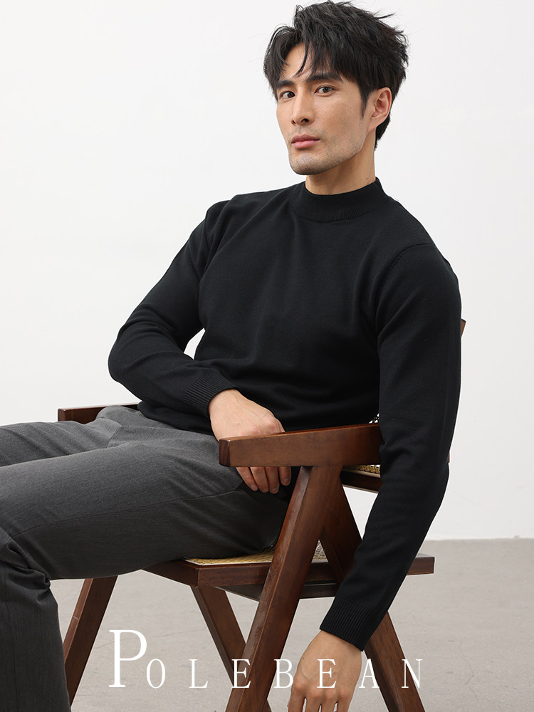 Autumn and Winter Half-Turtleneck Sweater for Men, Fleece-Lined and Thickened, Black Business Style, Korean Trendy Warm Base Layer Wool Knitwear