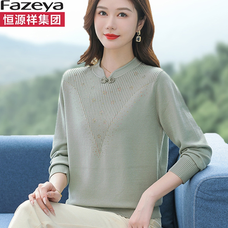Hengyuanxiang Group Caiyang Spring and Autumn New Chinese Style Stand Collar Knitted Sweater for Women, Warm Sweater for Mothers, Middle-Aged and Elderly Base Layer