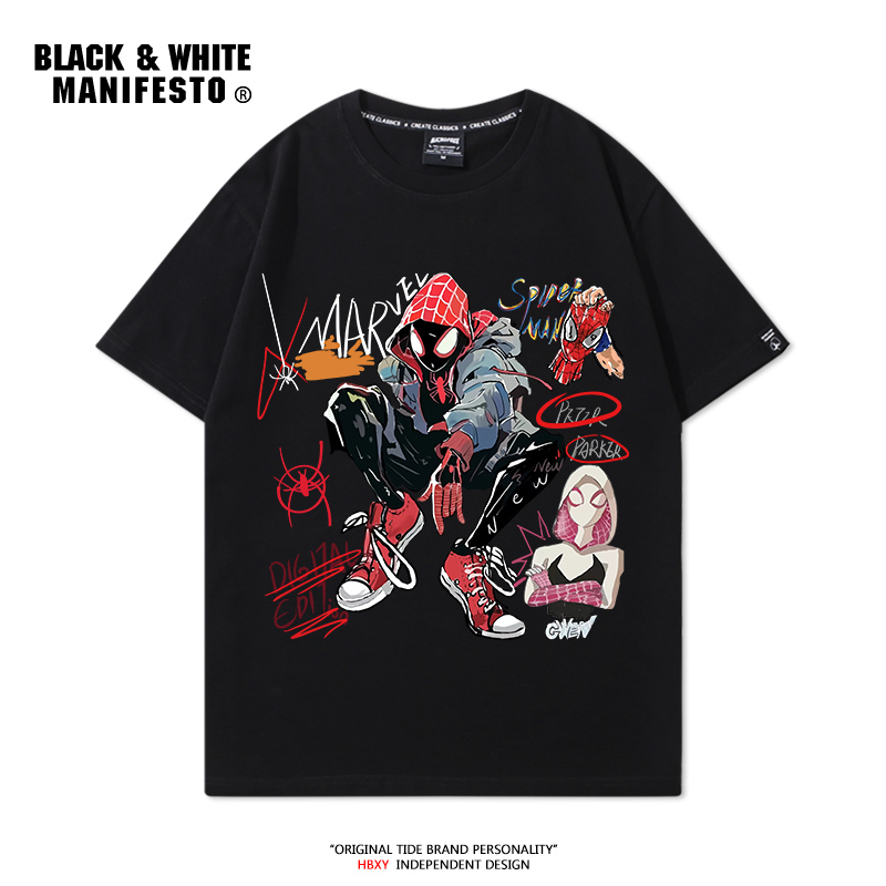 Spider-Man Across the Universe Spider-Man Short-Sleeved T-Shirt American Retro Street Style Hand-Painted Pure Cotton Round Neck Casual Trendy