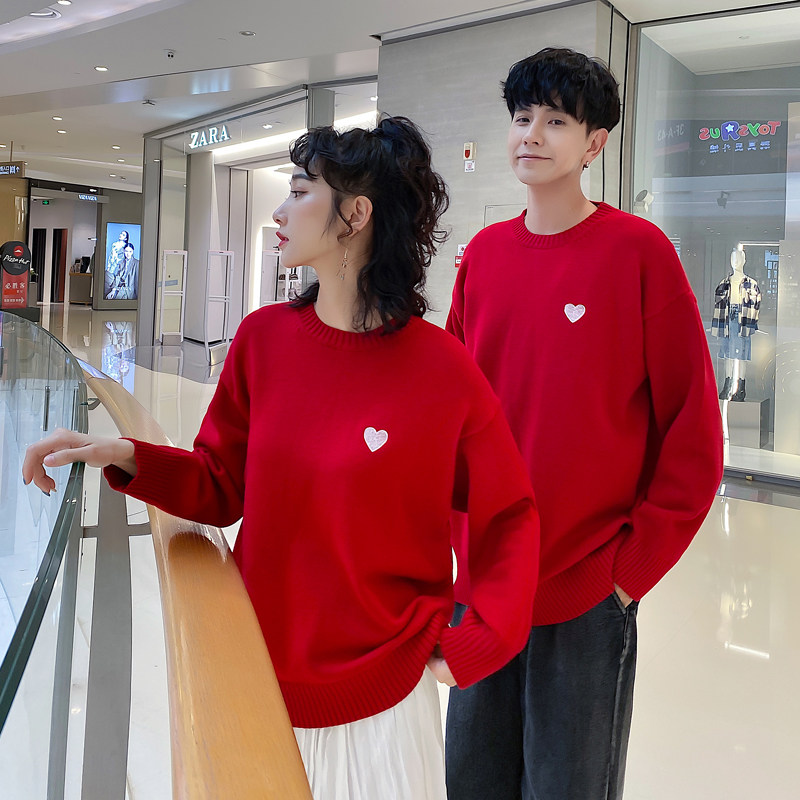 Chinese New Year Lovers Dress New Year Sweater Women's Autumn Winter New Han Prints LOOSE RED TREKHEAD KNITWEAR JACKET TIDE
