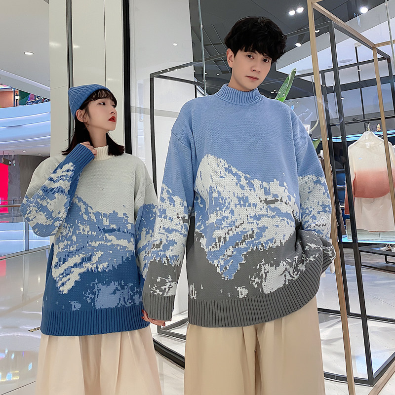 Lovers' clothing autumn and winter Korean version loose with sweaters thickened male and female students round up 100 hitches of snowy mountain needling