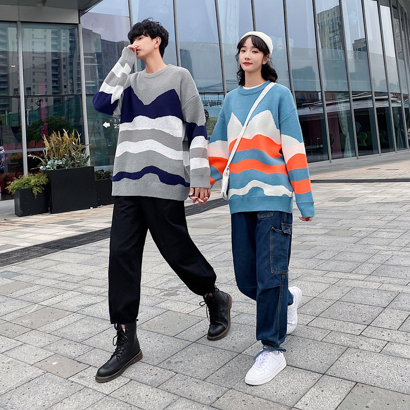 Lovers' clothing 2020 autumn and winter new round neck sweater striped headsets student male and female knitted sweatshirt jacket loose trend