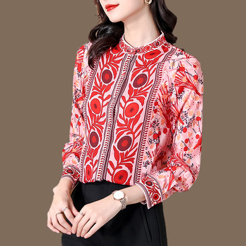 Heavyweight silk shirt women's 2021 autumn new retro print Western-style shirt stand-up collar mulberry silk long-sleeved shirt