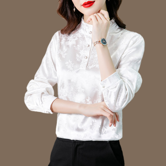 Ladies silk shirt 2021 autumn new high-end printed stand-up collar small shirt Western-style mother noble and thin top