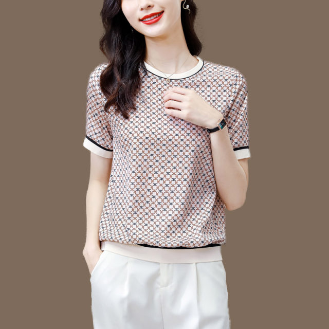 Silk T-shirt women's 2021 summer new short-sleeved round neck loose and thin printing simple casual mulberry silk top