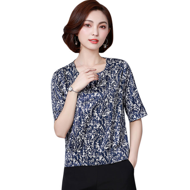 Mother silk top women's short-sleeved 2021 summer new big-name printing loose plus size mulberry silk satin T-shirt