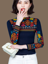 Real Silk Blouse Women 2022 Autumn Dress New Print Ethnic Wind Half High Collar Bottom Shirt Hitch Middle-aged Mom Long Sleeve